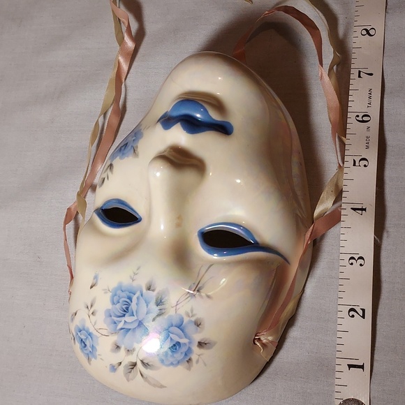 Vintage Hand Painted Carnival Face Masks Set of Two Blue and Pink Flowers - Picture 10 of 12